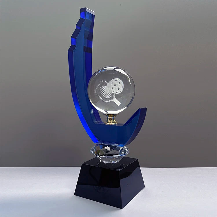 Blue Glass Crystal Pickleball with Laser Sports Trophy MH-J0476