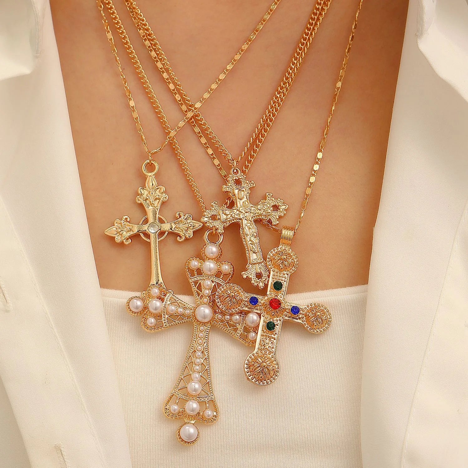 18k Gold Plated Cross Four Piece Set  Necklace for Women Classic Pearl Punk Hip Hop Crucifix Pendant Necklace Religious Jewelry