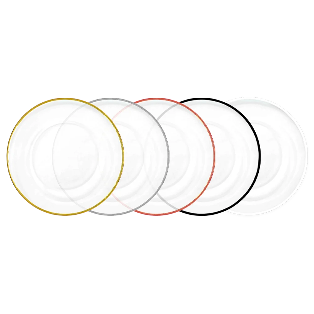 Cheap 13 Inch Wholesale Clear Glass Charger Plates with 0.5cm Gold Rim for Wedding Table Food Dishes