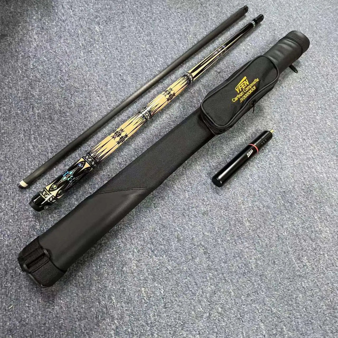 High-end YFEN Nine Ball Pool Sport 58" Carbon Fiber Billiard Cue 12.5mm/11.5mm with Cue Case and Extension for Sale