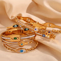 Luxury Custom Non Tarnish 18K Gold Plated Stainless Steel Bracelet Snap Hook Evil Eyes Crystal Enamel Shell Bracelet for Women