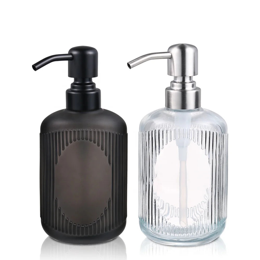 Sui Round Shape 300 ml Shampoo Hand Wash Dispenser Clear and Black Bottles Liquid Soap Dispenser Glass Bottles with Metal Pump