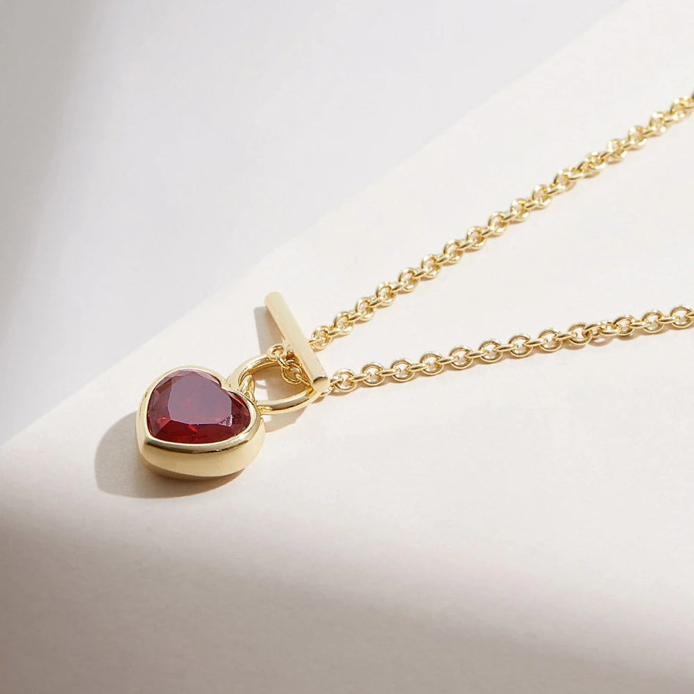 Minimalist Jewelry OT Buckle Gold Plated Red Zircon Heart Pendant Necklace