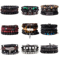 Hot Sale Natural Stone Combination Bracelet Set Micro Inlay Charm Ball Cross Boho Beads Skull Leather Bracelet Men for Wholesale