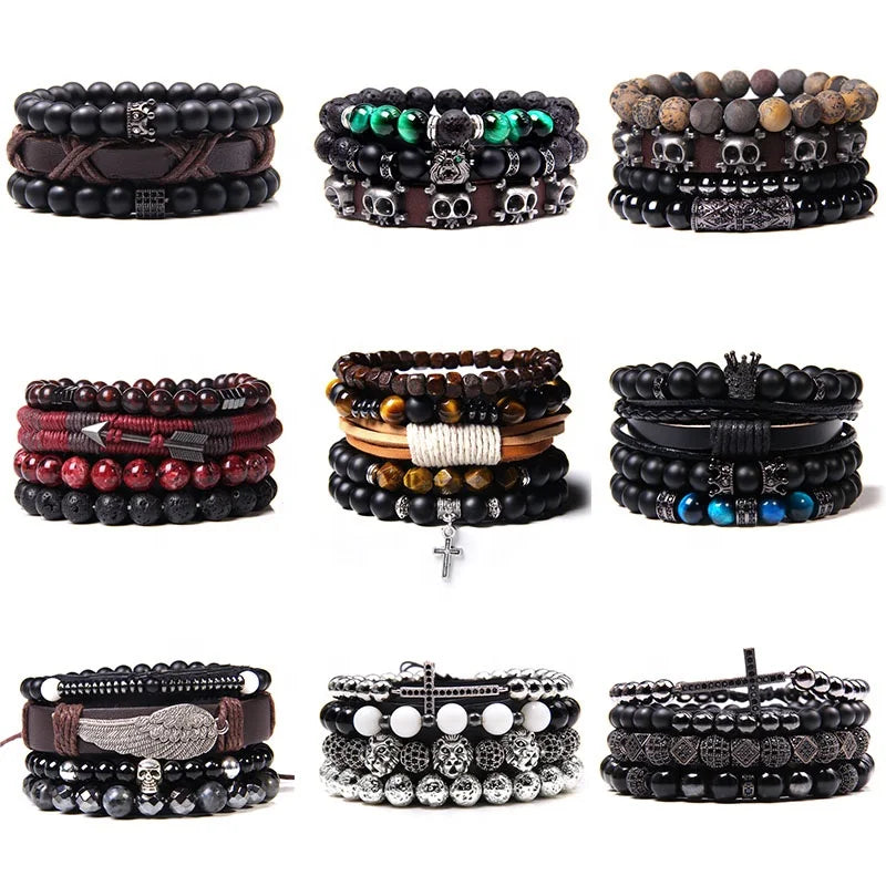 Hot Sale Natural Stone Combination Bracelet Set Micro Inlay Charm Ball Cross Boho Beads Skull Leather Bracelet Men for Wholesale