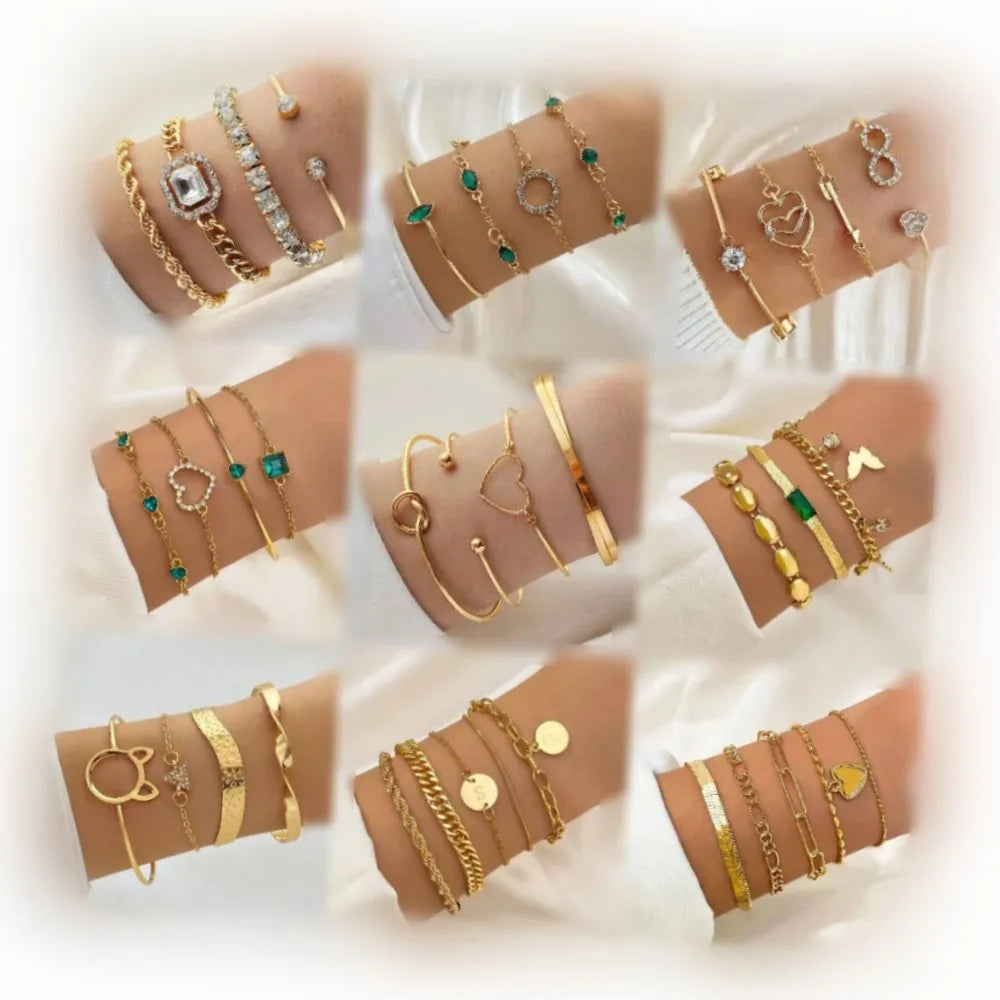 Trendy Geometric Bangle Bracelet Set for Women Gold Color Leaves Heart Arrow Open Cuff Bracelets Jewelry