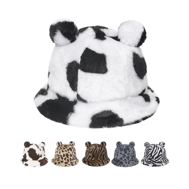 Faux Fur Plush Winter Women Girl Fashion Fluffy Furry Fuzzy Print Bucket Hat