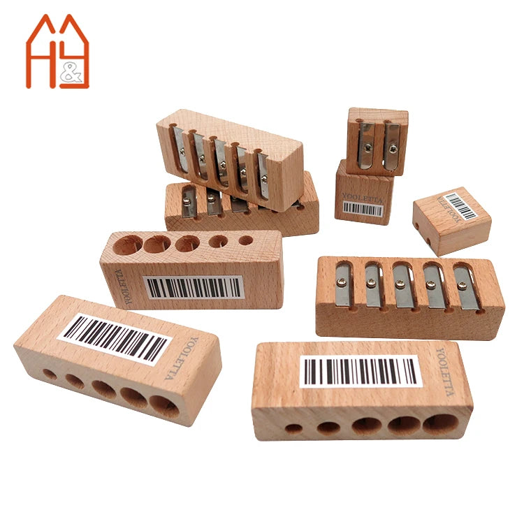 5-Hole Beechwood Pencil Sharpener Natural Wood Craft Tool Sharpener for Classroom & Home Durable Kids Art Essential