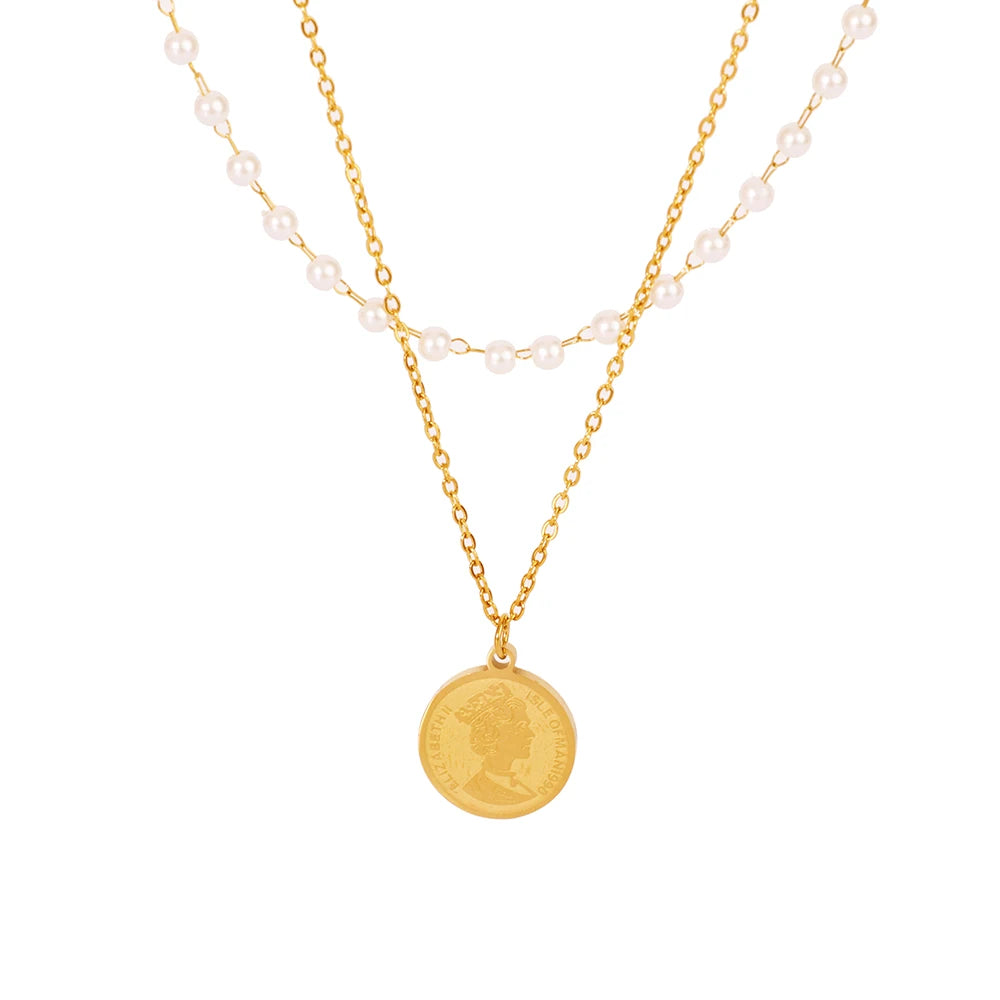 French Vintage Styles 18K Gold Plated Double Layer Imitation Pearl Beads Chain Titanium Queen Portrait Coin Pendant Necklace