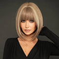 Honey Blonde Short Straight Wig with Bangs 12in Short Natural Black Bob Wig Synthetic Brown Hair Staight Highlight Bob Wig