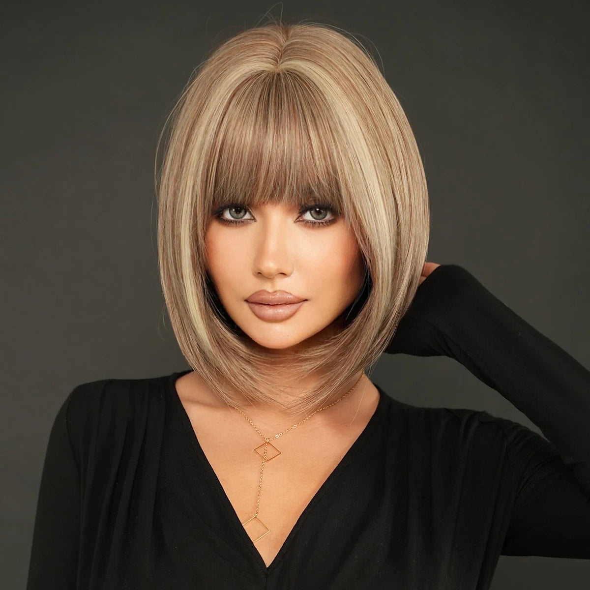 Honey Blonde Short Straight Wig with Bangs 12in Short Natural Black Bob Wig Synthetic Brown Hair Staight Highlight Bob Wig