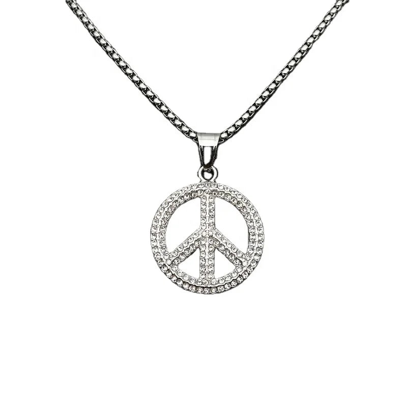 New Men's Hip Hop Jewelry Stainless Steel Gold Plated Diamond Anti-War Peace Sign Pendant Necklace