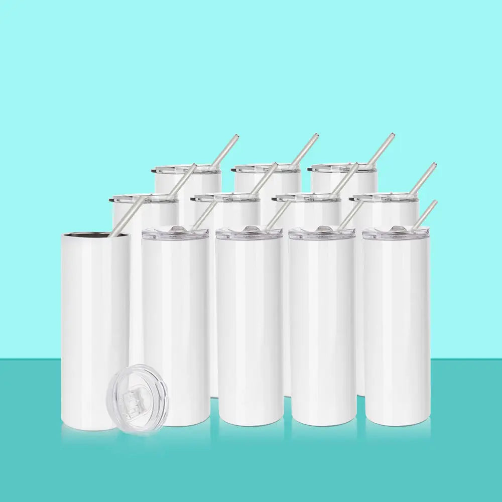 Hot Sell RTS 20oz Stainless Steel Insulated White Skinny Straight Sublimation Blank Tumbler 20 Oz With Plastic Straw