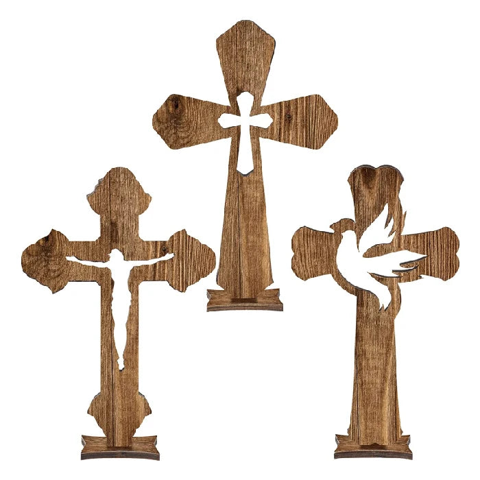 Handmade Tabletop Wooden Nativity  Christians Cross Ornament Family Love Faith Blessed Cross Art Sign