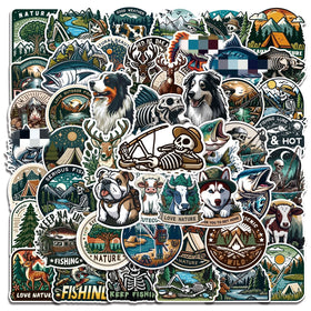 2024 New Nature Wild Deer Cute Cow Dog Shark Outdoor Adventure Skeleton Go Fishing Sticker
