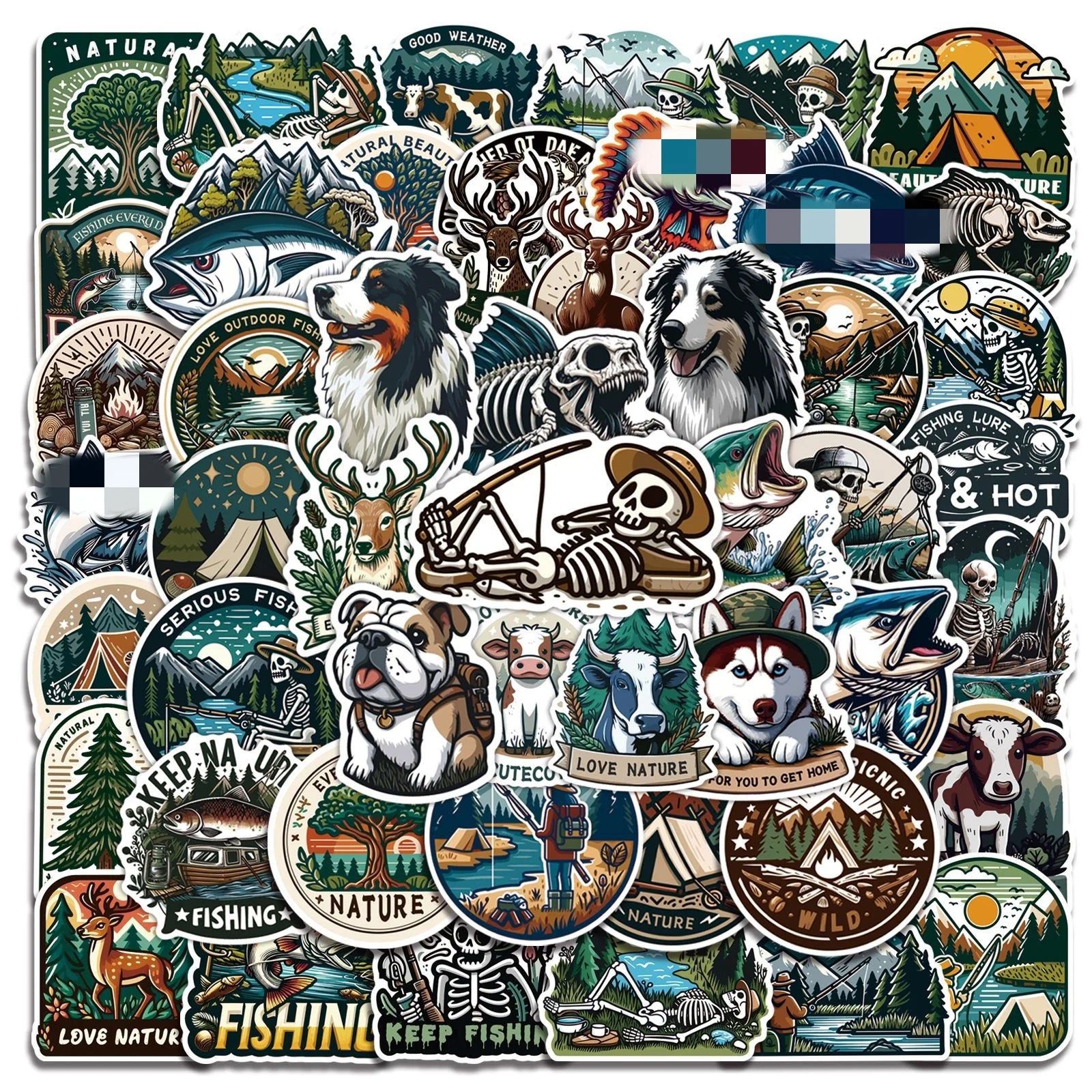 2024 New Nature Wild Deer Cute Cow Dog Shark Outdoor Adventure Skeleton Go Fishing Sticker