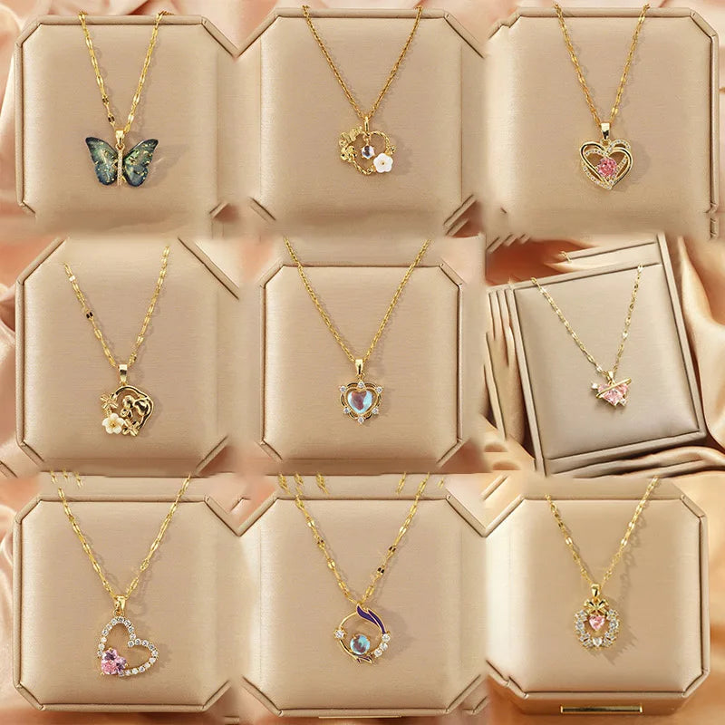 G3930 Wholesale Trendy Jewelry Design Gold Plated Necklace Heart Sunflower Butterfly Leaf Zircon Pendant Necklace for Women