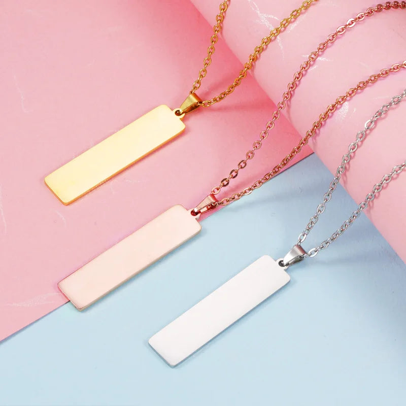 Customizable Geometric Blank Necklaces 18K Gold Plated Mirror Stainless Steel Rectangular Laser Pendant Chain Necklace
