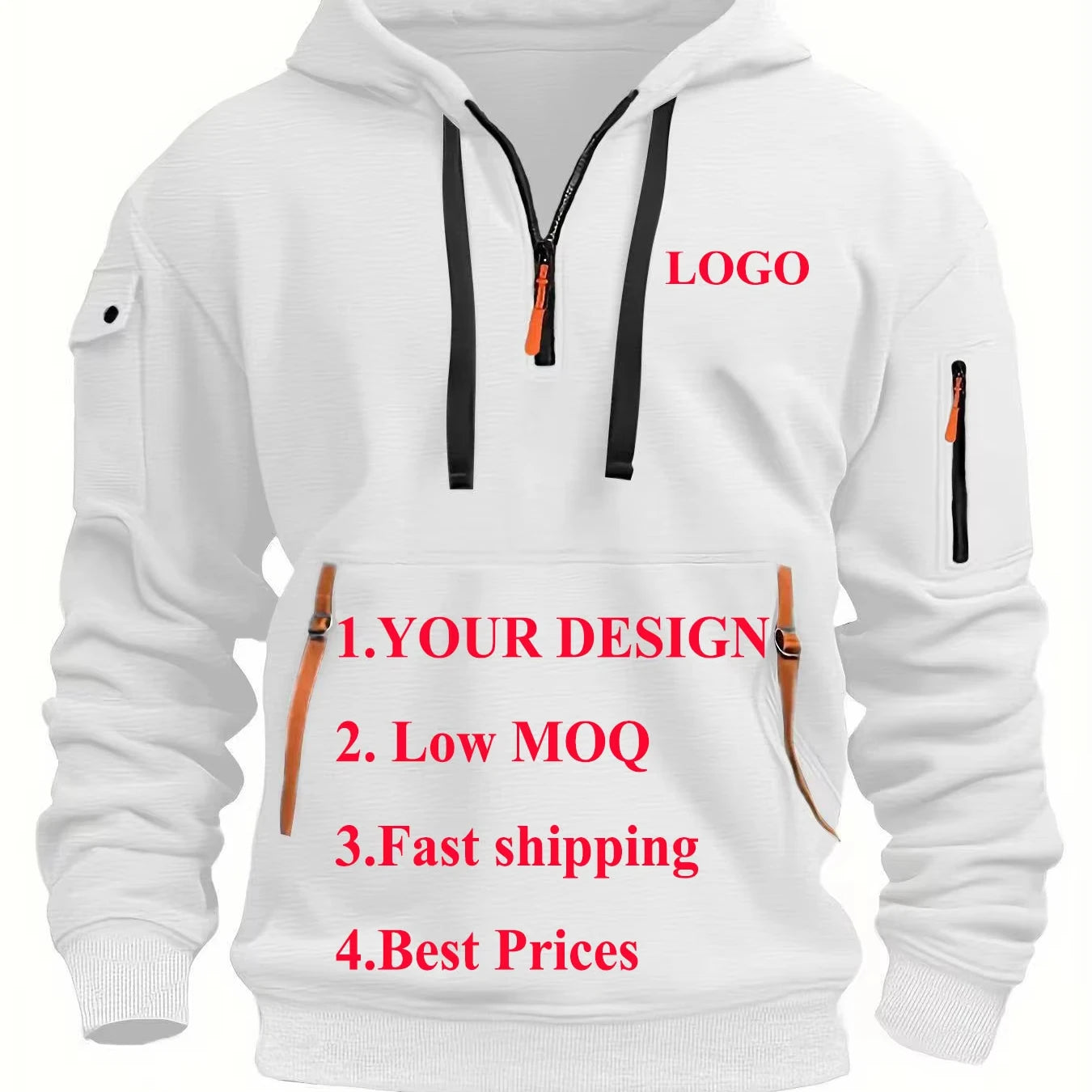 Wholesale 1 Piece Men's Custom Logo 100% Polyester Drawstring Hoodie with Half Zip Collar Winter Sweatshirt Print Design