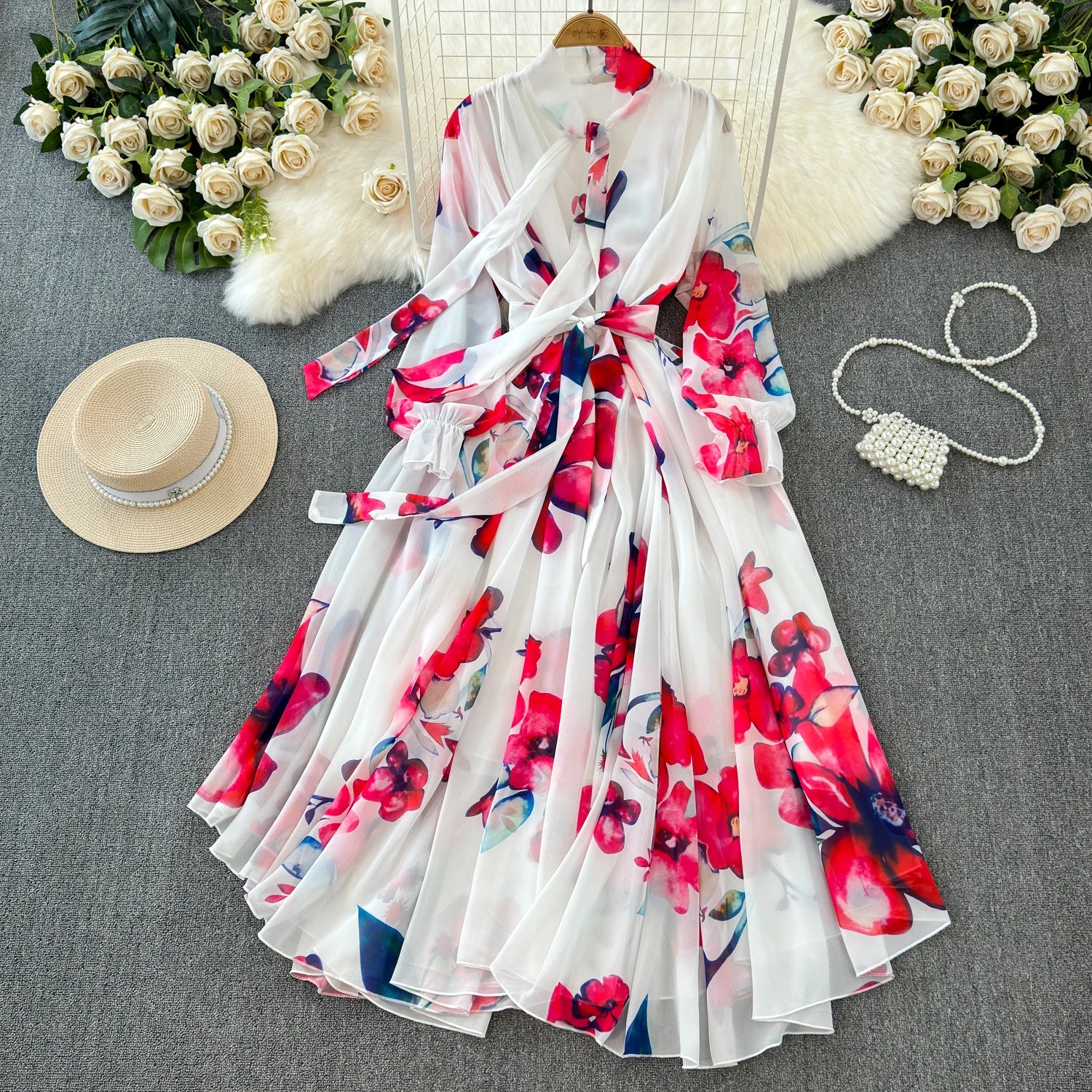 Boutique Wholesale 2025 Summer New French Elegant Style Lace up Bow Neck Loose Chiffon Women's Dress