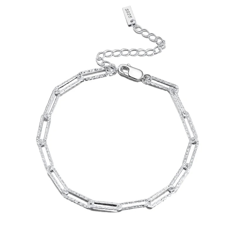 RINNTIN SB120 Joya De Plata Solid 925 Sterling Silver Chain 3.5mm Paperclip Link Hammered Silver Bracelet Jewelry Brazalete