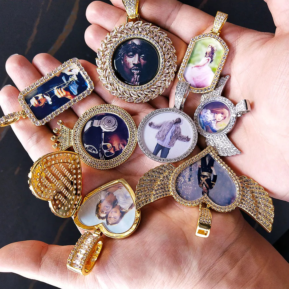 Hip Hop 18K Full Iced Out Custom Photo Picture Pendants Necklace Heart Photo Diamond Locket Pendant