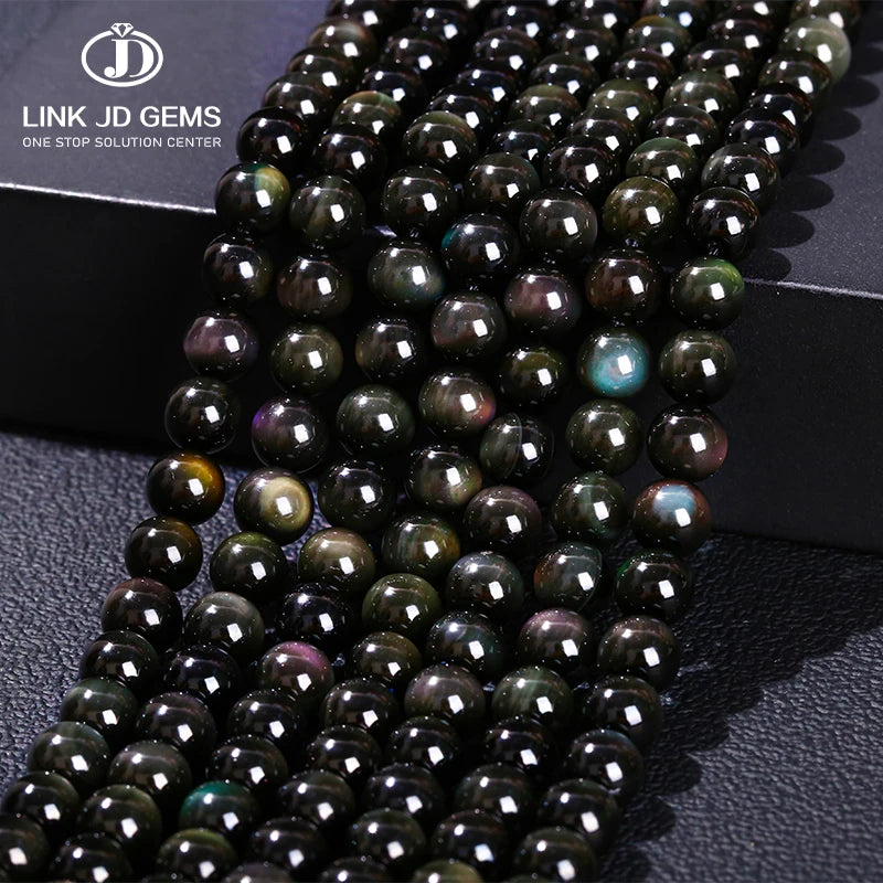 JD 4/6/8/10/12/14mm Semi-Precious Gemstone Natural Black Rainbow Obsidian Ice Black Loose Beads for Jewelry Making