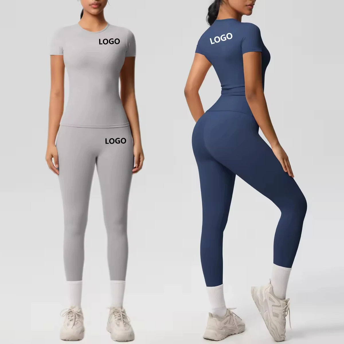 2026 Custom Yoga Gym Legging Set for Women Breathable 2-Piece Activewear Fitness Top Leggings Logo Front Short Sleeves Solid MegaBDM