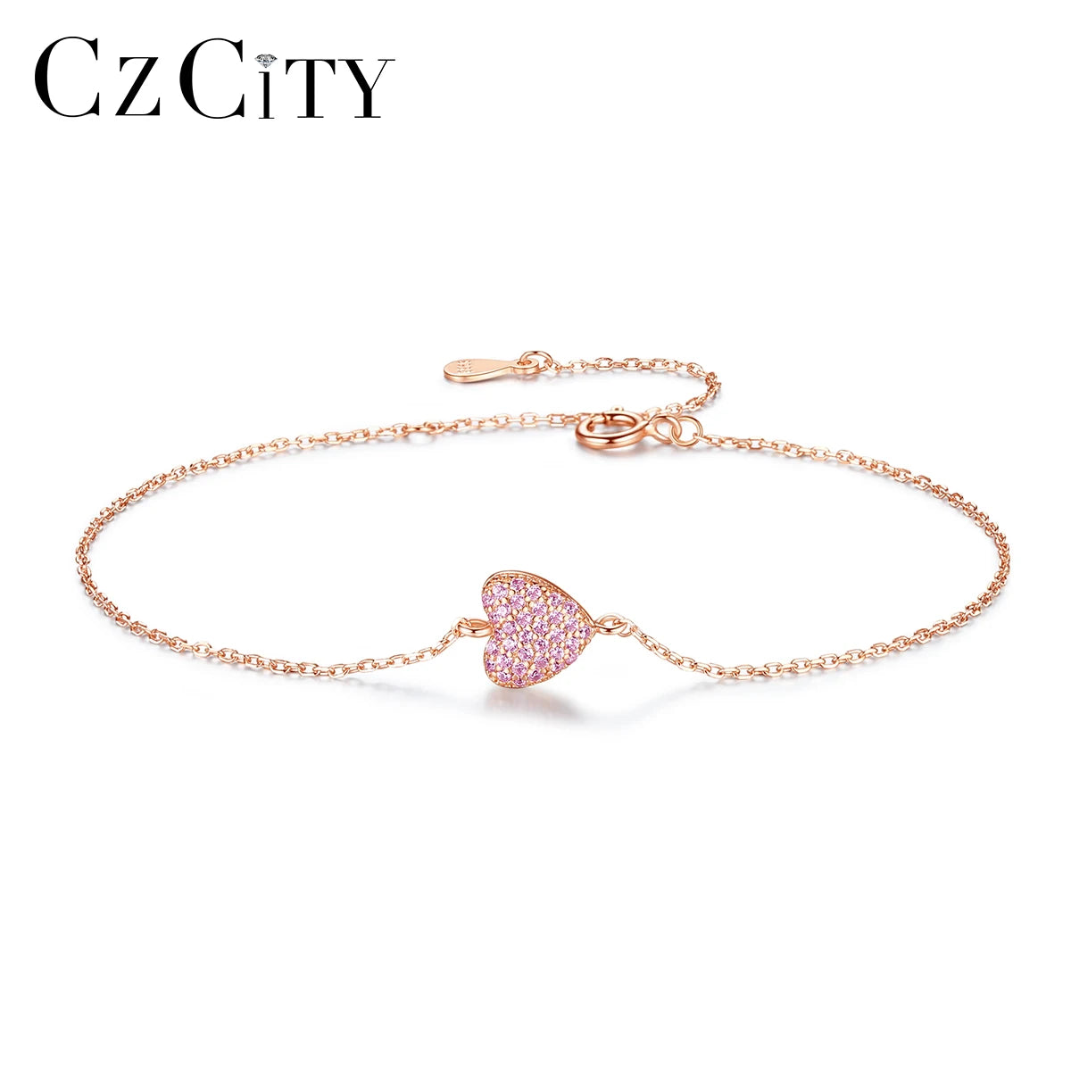 CZCITY Luxury Statement Bracelets Heart Shape Rose Gold Plated Jewelry Cubic Zircon Paving Setting Bracelet