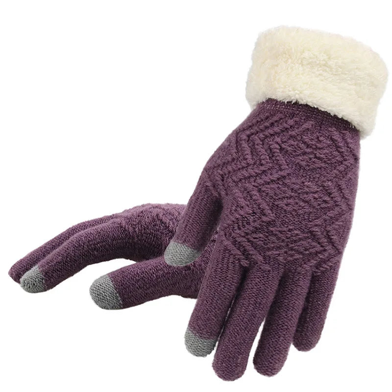 New Style Thicken Plush Lining Warm Soft Knitted Cycling Touch Screen Winter Gloves for Women