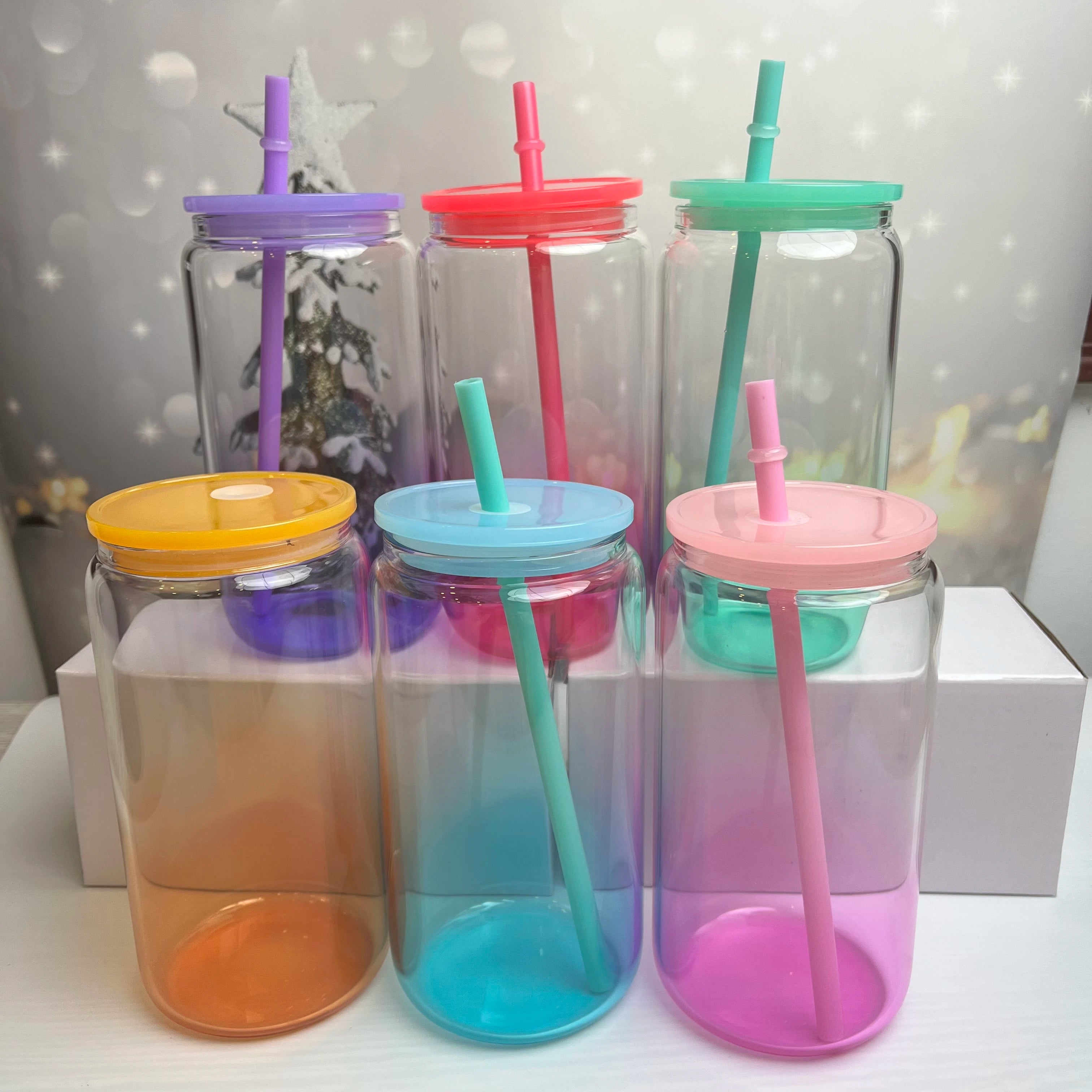 Custom Logo Drinking Glasses Ombre Libby Soda Beer Mugs Sublimation 16oz Colored Glass Can with Plastic Lid and Straw