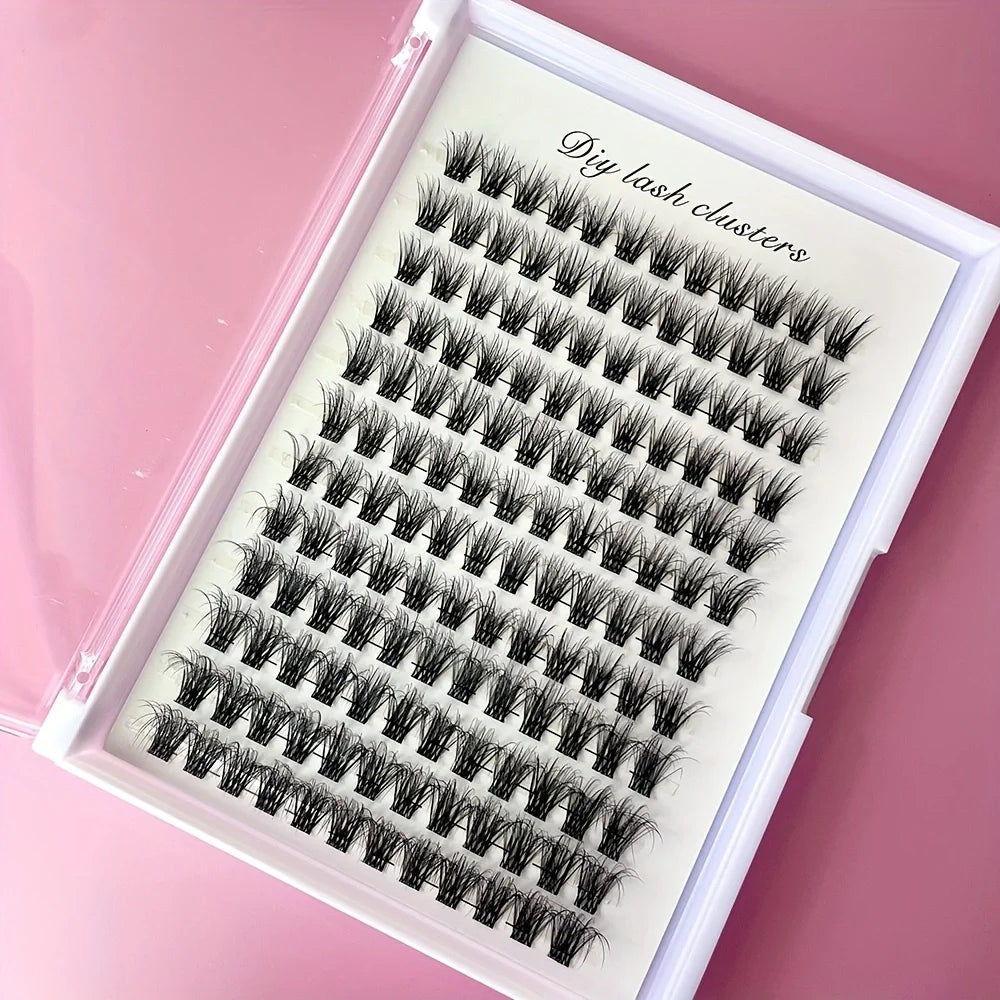 Natural Mink & Fiber Pre-Cut 25mm Long DIY Lash Extension Kit Home Makeup Fan Cluster Eyelashes with 20mm Box Model