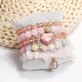 New Fashion Bohemian Women CZ Ball Natural pink Quartz Glass Handmade Elastic Bracelet 5pcs Stretch Stack Bracelet Set