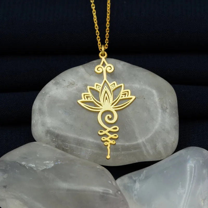 Collar De Acero Inoxidable Long Chain Symbol Necklace Ethnic Style Stainless Steel Lotus Pendant Necklaces