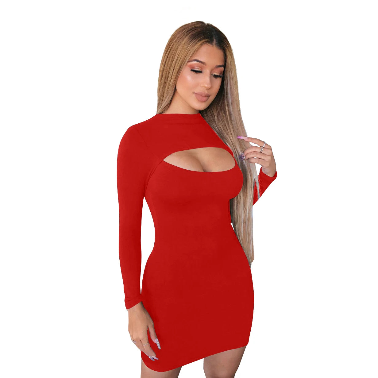 New Design Long Sleeve Front Cut Out Open Chest Bodycon Casual Mini Sexy Party Club Dress for Women