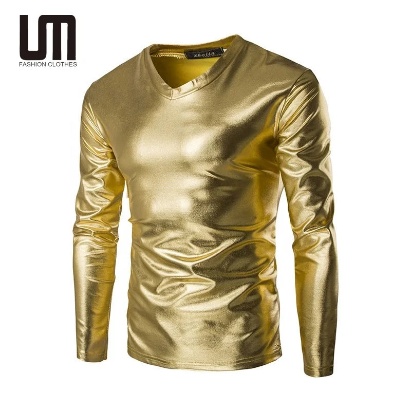 Liu Ming Custom Logo Wholesale Men s Casual V Neck Blouse Shiny Shirts Party Nightclub Long Sleeve T Shirts Tops