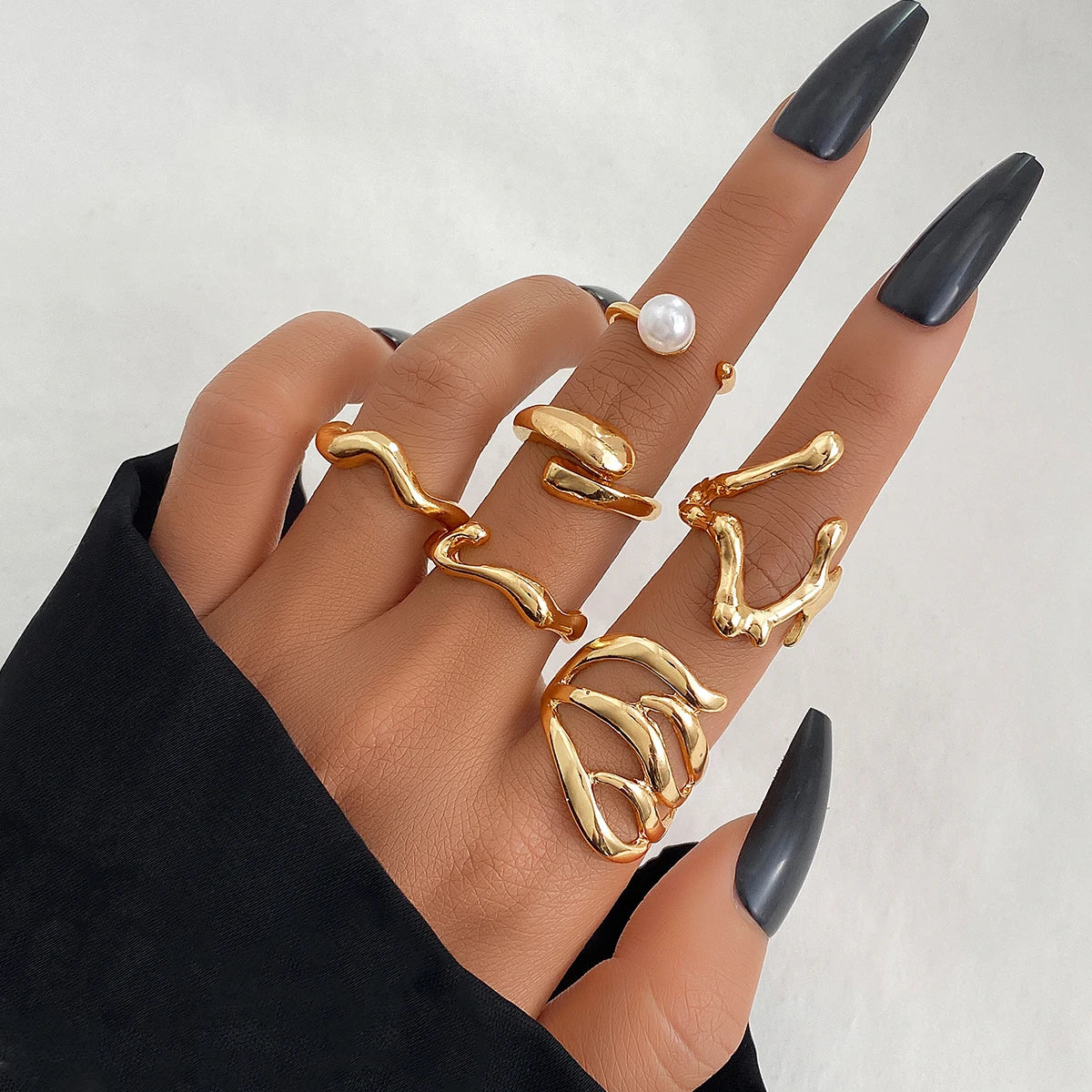 6Pcs/Set Gold Irregular Shaped Pearl Ring Set for Women Jewelry Wholesale