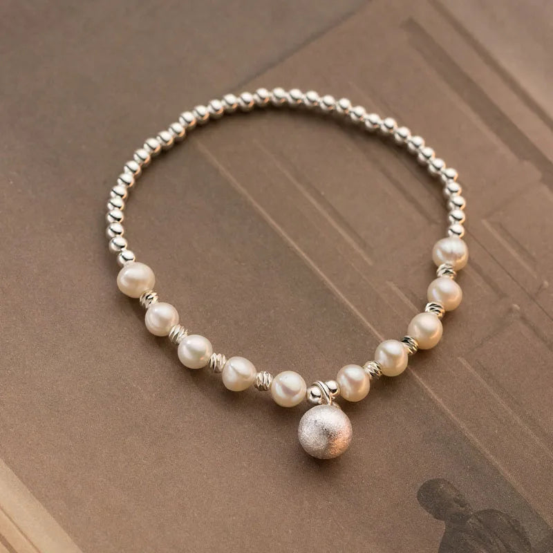 100% Real 925 Sterling Silver Handmade Pearl Ball Beaded Bracelet for Women Jewelry