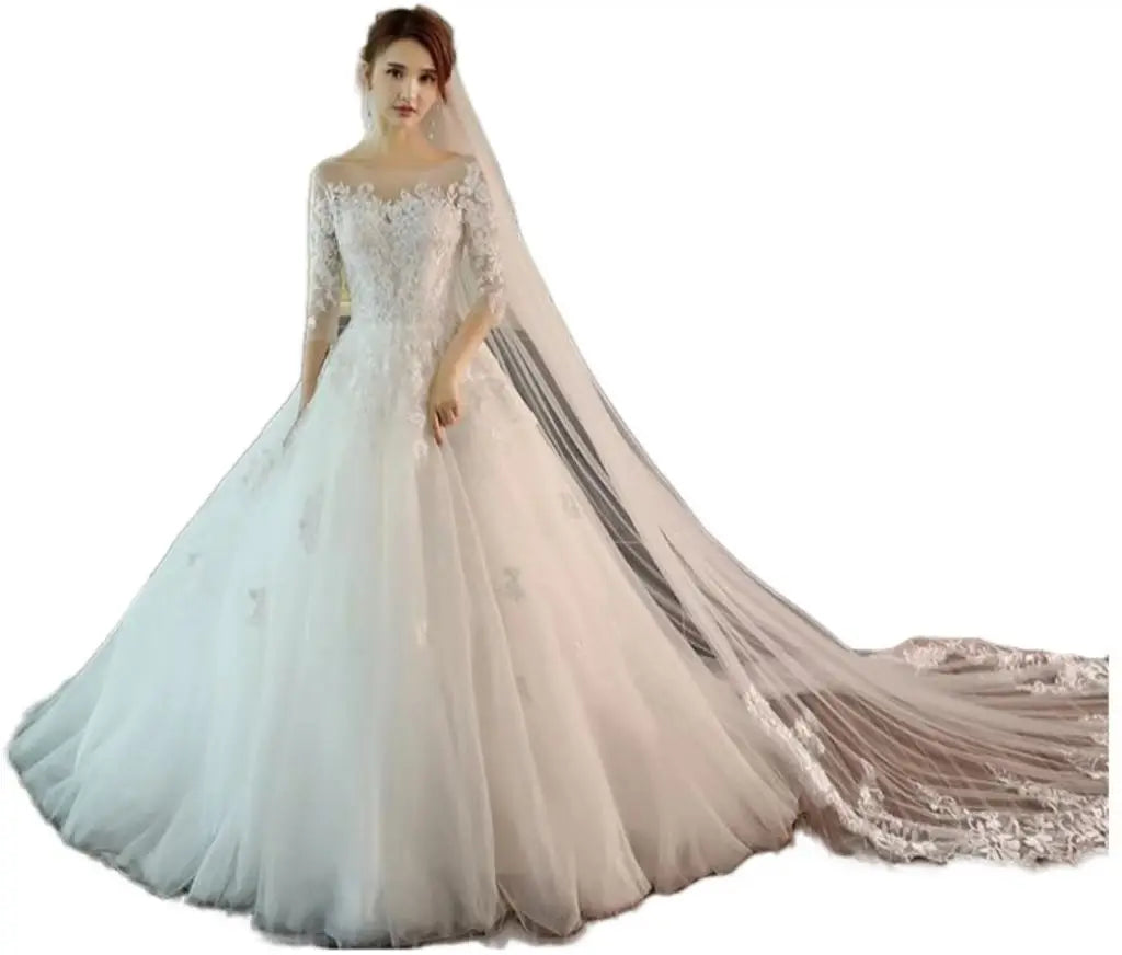 Wedding Dresses Lace Short Sleeve Boat Neck Elegant Plus Size Floral Print Embroidery Ruffles A-Line Silhouette Maxi Bride