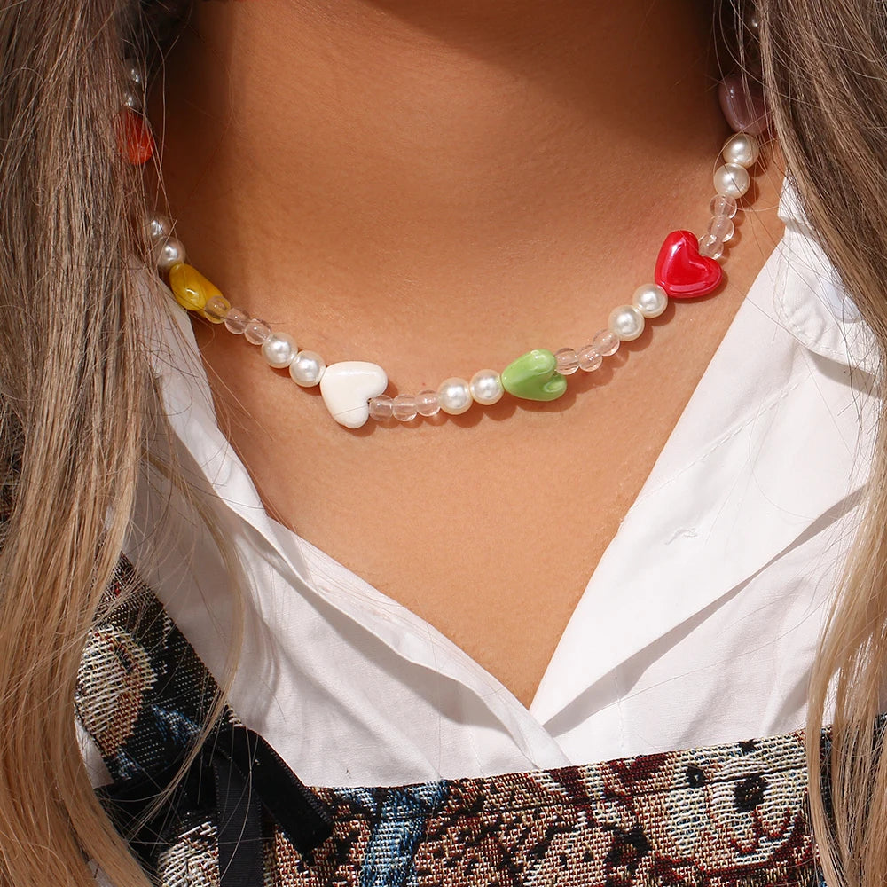 Fashion Jewelry Resin  Acrylic Y2K Cute Imitation Pearl Colorful Heart Bead Pendant Necklace for Women Girls