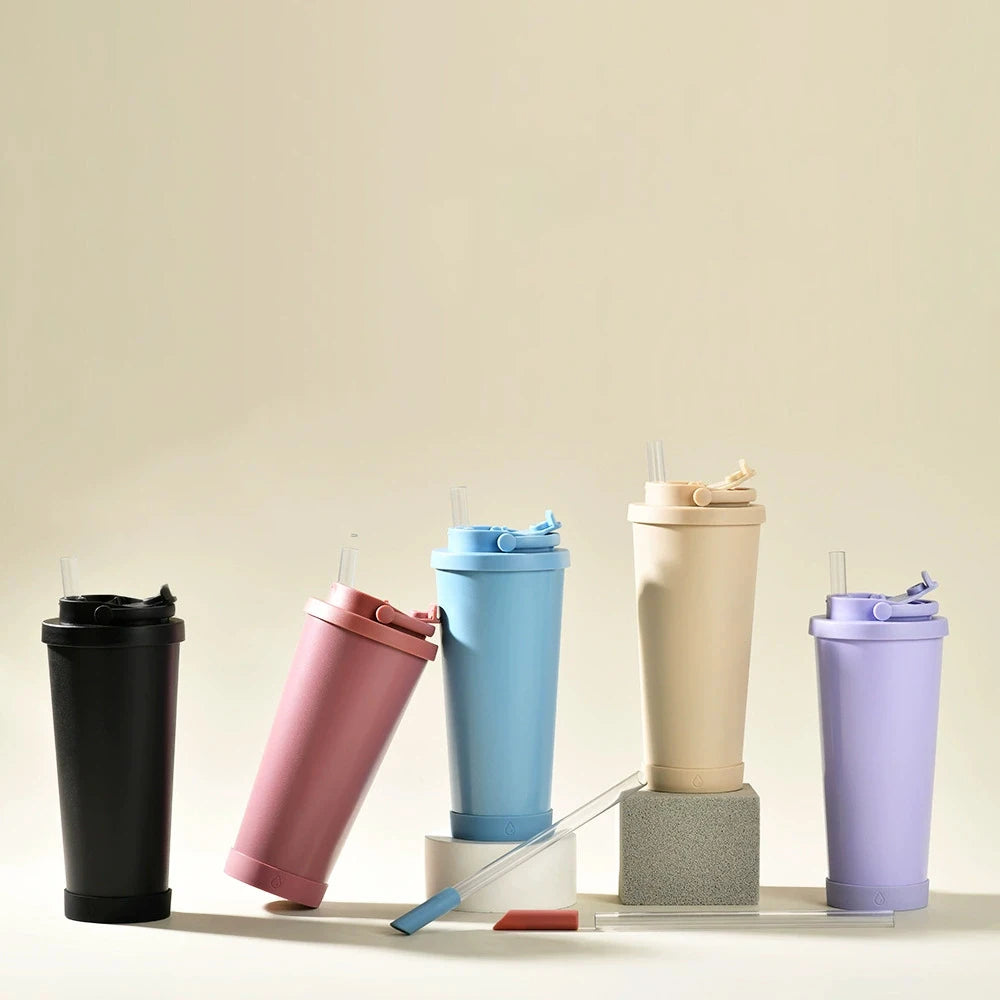 Minimalist Double-Layer Vacuum Stainless Steel Straw Cup Ceramic Liner Handle Absorb Bounce Thermos Cup for Hot Cold Drinks
