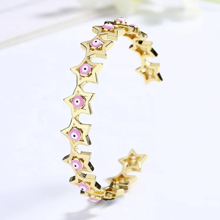 Clever Design Pink Eye Star Hollow Out Fine Fashion Cool Adjustable Customize 18K Gold Plated Bracelet