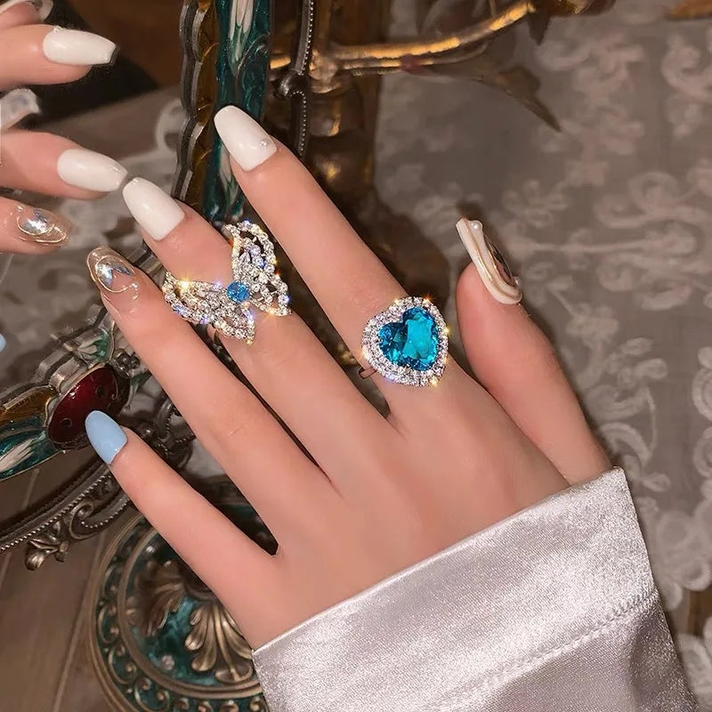 Luxury Open Adjustable Crystal Zircon Rings Blue Heart Butterfly Rings Women Jewelry