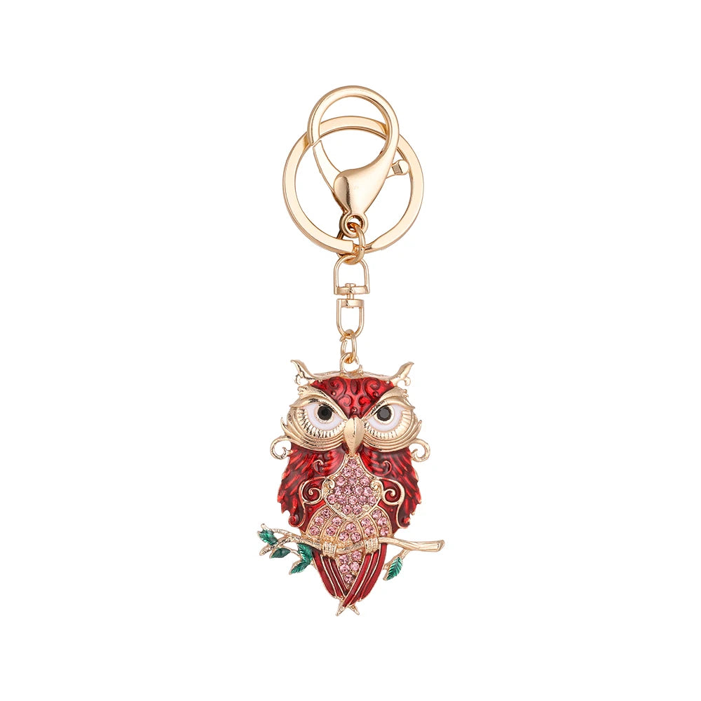 America Hot Sale Colorful Enamel Owl Shaped Keyring Rhinestone Crystal Animal Owl Car Key Chain for Bag