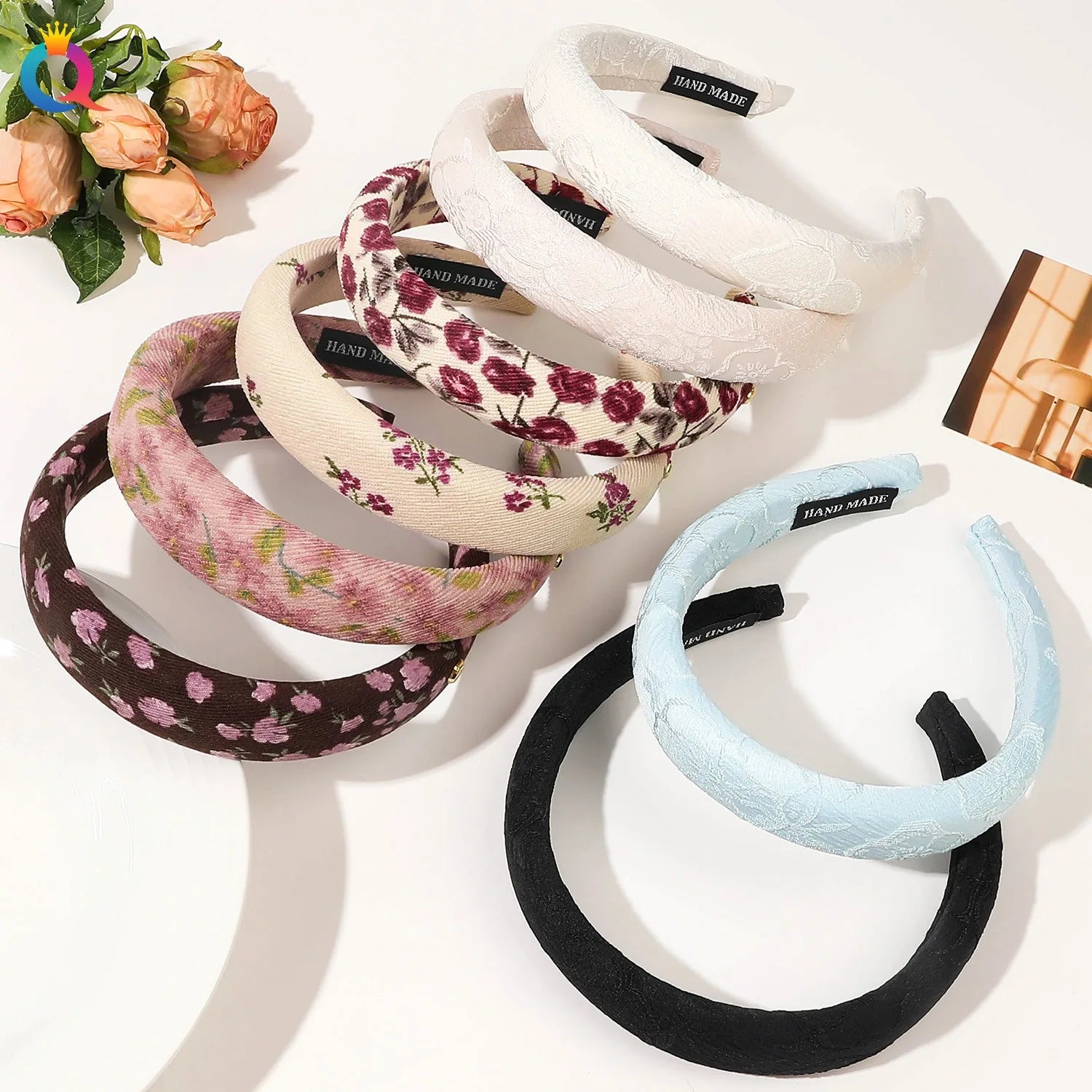 QIYUE Small Fragrance Printing of Flowers Headbands Female High Cranium Top Wide Edge Face Wash Headbands