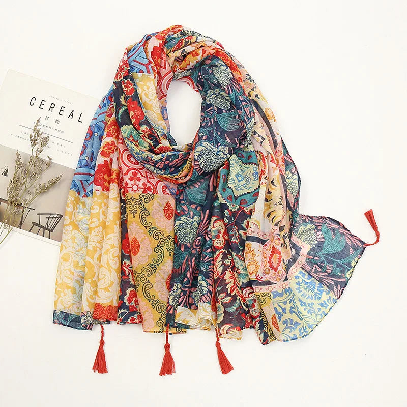 Japanese Style Cotton and Linen Feel Scarf Retro Splicing Bohemian Cashew Print Shawl