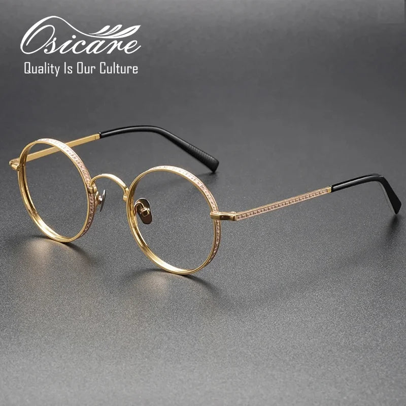 High Quality Eyewear Stock Round Metal Clear Vintage Eyeglasses Male Carving Handmade Titanium Eye Glasses Optical Frame for Men