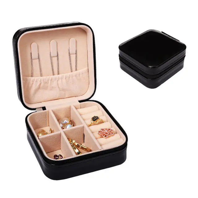 2023 New Product PU Portable High Jewelry Storage Box Ring Earrings Necklace Storage Box Zipper Flap Travel Trinket Box