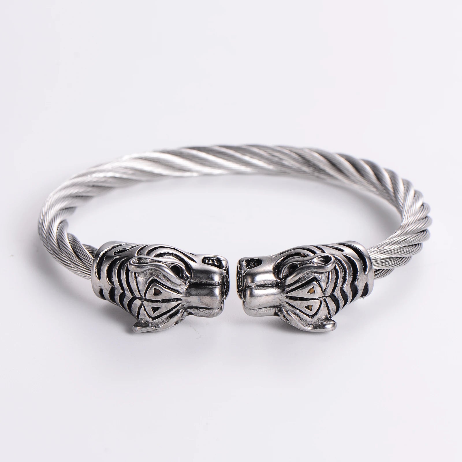 ORDRM Men tiger Head Stainless Steel Twisted Cable Cuff Bracelet