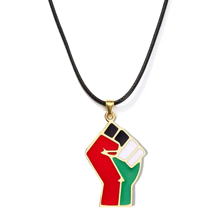Hot Selling Leather Rope Palestine Map Flag Necklace Fashion Gold Plated Enamel Free Palestine Fist Pendant Necklace for Men